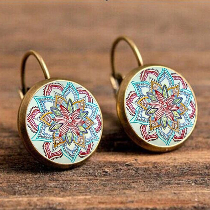 

SUTEYI Fashion Yoga earrings jewelry om symbol Zen Buddhism mandala flower earring handmade henna crystal cabochon earings