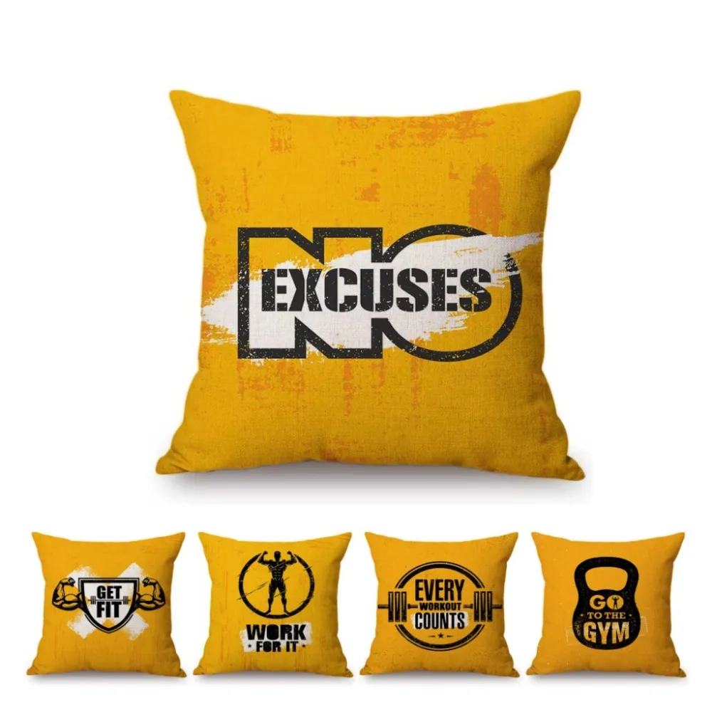 

Gym Motivation Quote Letter Print Yellow Sofa Decoration Fitness Club Throw Pillow Cover Vintage Letter Linen Sofa Cushion Cover