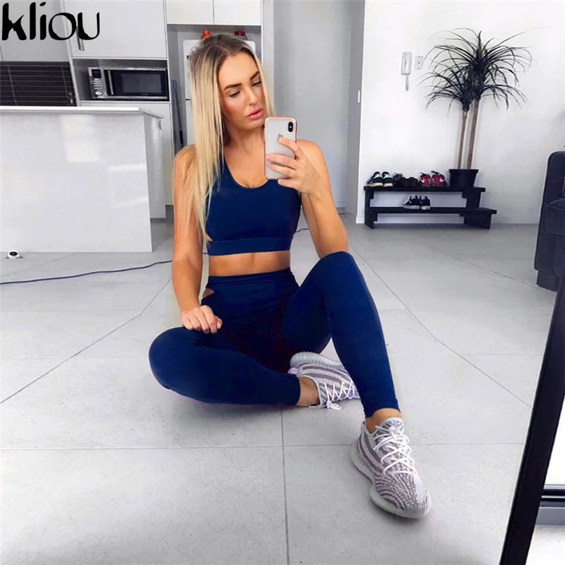 Vente Kliou 2018 nouveau décontracté femmes survêtements de sport mode solide Fitness ensembles Sexy débardeur hauts de soutien gorge sport Leggings 2 pièces costume