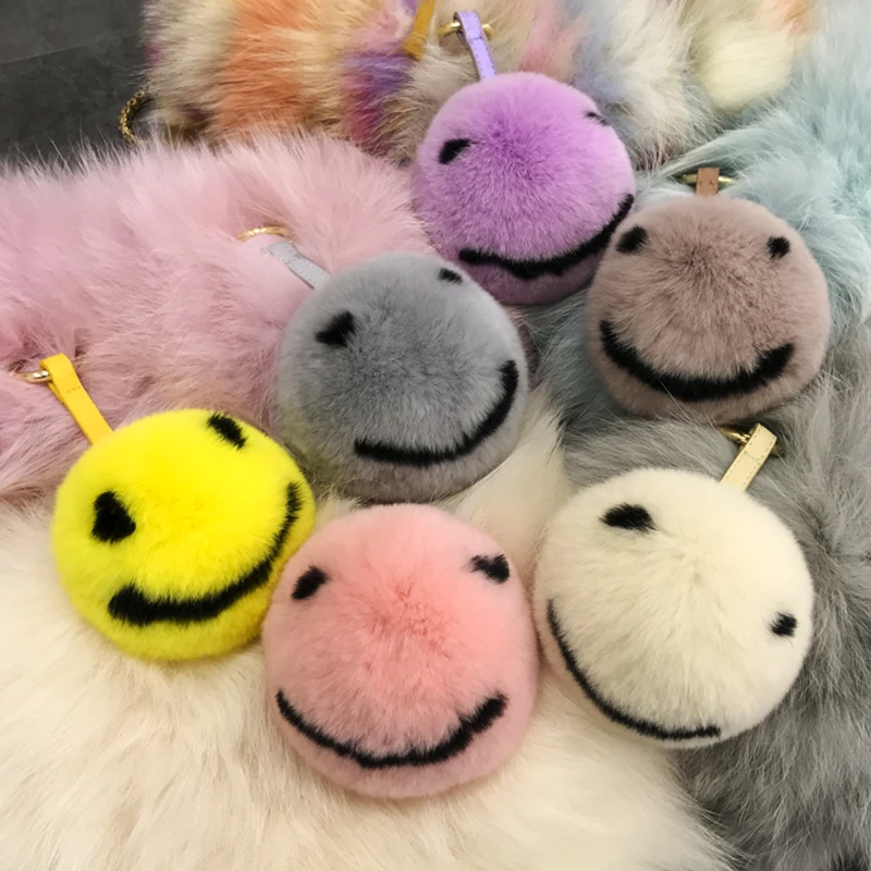 

Custom Support 10cm Fluffy Fur Pom Pom Keychain Rabbit Fur Ball Emoji Smiley Key Chain Llavero Pompon Keyring Bag Charm Pendant