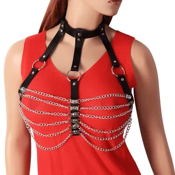 

Chain Metal Leather Black Strap Top Cage Neck Lingerie Hollow Out Sexy Punk Goth Party Dance Rave Wear Women Harness Bra Adjust