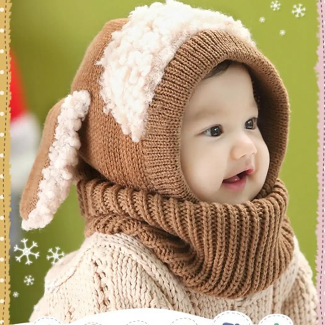 

Winter Baby Hat and Scarf Joint With Dog Style Crochet Knitted Caps for Infant Boys Girls Children New Fashion Kids Neck Warmer