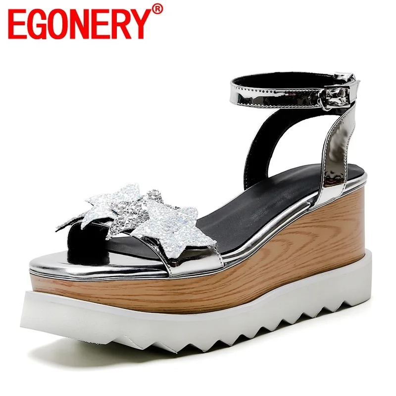 

EGONERY shoes woman 2019 summer new fashion bling open toe patent leather woman sandals outside high heels platform ladies shoes