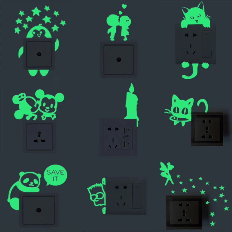 10 styles Luminous DIY Cute home Cat Switch Wall Sticker Night light