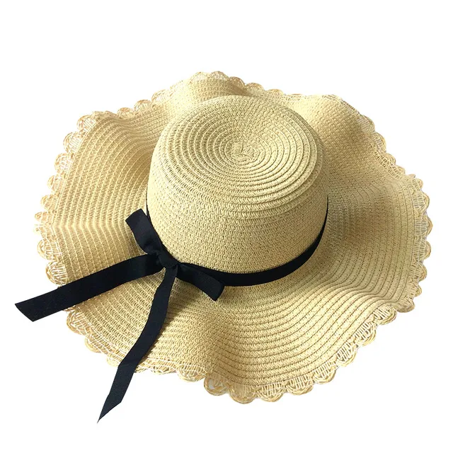 Girls Summer Cap Black Ribbon Decorate Wavy Straw Hat For Girls Children Panama Hat Kids Sun Cap Baby Beach Hats beige