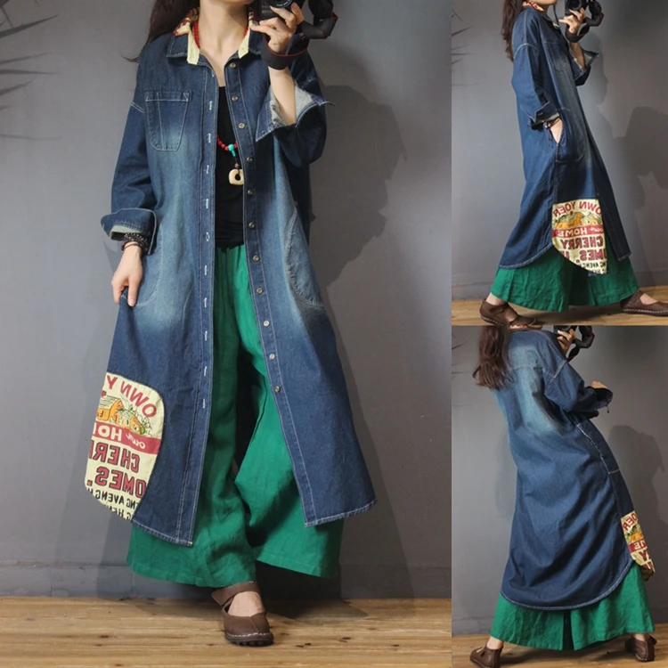 

Spring Autumn Women Casual All-match Ultra Loose Plus Size Long Vintage Patchwork Water Washed Denim Trench Outerwear