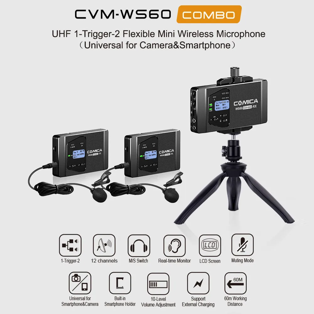 CoMica CVM-WS60 COMBO 1-Trigger-2 гибкий мини-беспроводной микрофон для смартфонов и камер UHF 12 каналов 60 м