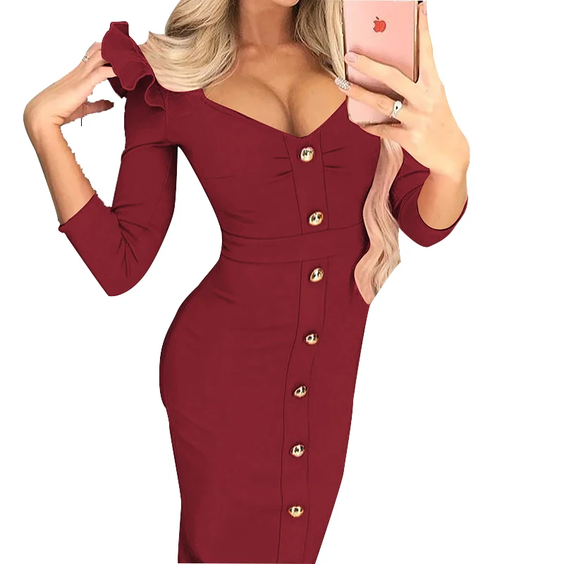 Three Quarter Skinny Button Sexy Women Dress Formal Solid Female V-Neck Split Plus Size Party Dress Elegant Office Lady M0472