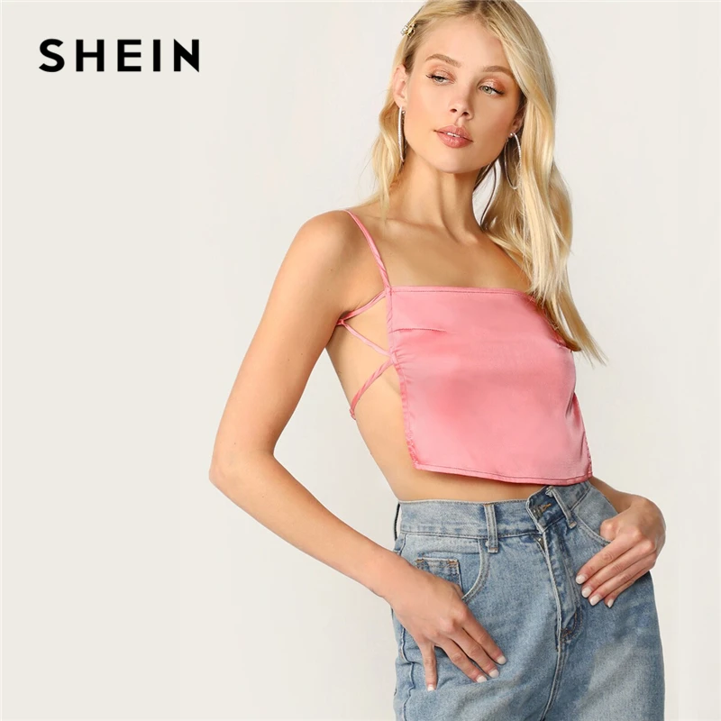 

SHEIN Strappy Backless Satin Crop Cami Top Women Clothing Summer Spaghetti Strap Tops 2019 Stylish Pink Solid Sexy Vest