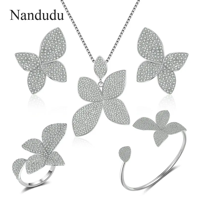 

Nandudu New Luxury Cubic Zircon Butterfly Necklace Bracelet Earrings Ring Jewelry Sets for Women Wedding Bride Engagement Gift