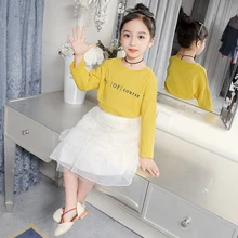 Fashion Childrens Wear Girls' Long sleeve t-shirt+ Cake Waist Skirt Two- Piece Sets Kids Denim Long Sleeve Blouse Skirts Suit