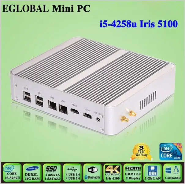  Fanless desktop computer Barebone i5 Mini PC Windows 10 Broadwell Core i5 4308U/i5 4258U/4K HTPC Optical+2*Nics+2*HDMI+300M Wifi 