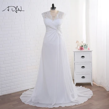 ADLN Stock Plus Size Wedding Dresses Elegant V neck White Ivory Applique Beaded Chiffon Beach Bridal