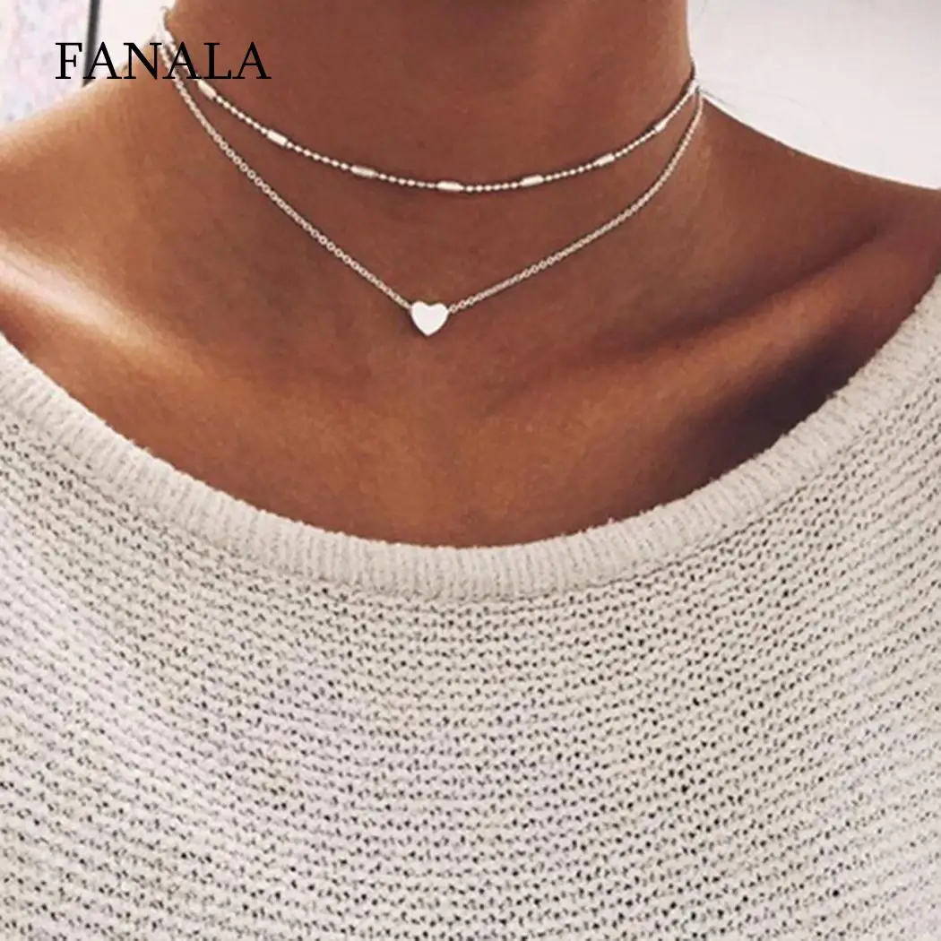 

Heart Link Chain Multi-layer Fashion Party Beads Alloy Gift Necklace Choker Women Street Casual Chain Pendant etc Nacklace Club