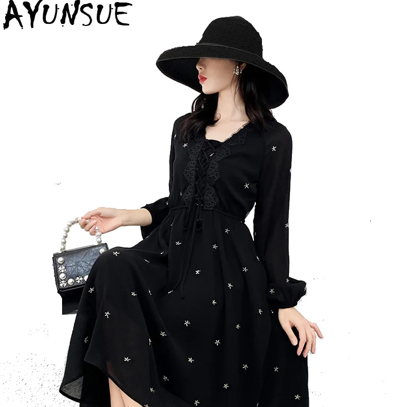 

AYUNSUE Spring Summer Chiffon Dress Plus Size Dresses for Women 4xl 5xl 6xl Long Sleeve Beach Dress Black Vestido Midi KJ2099