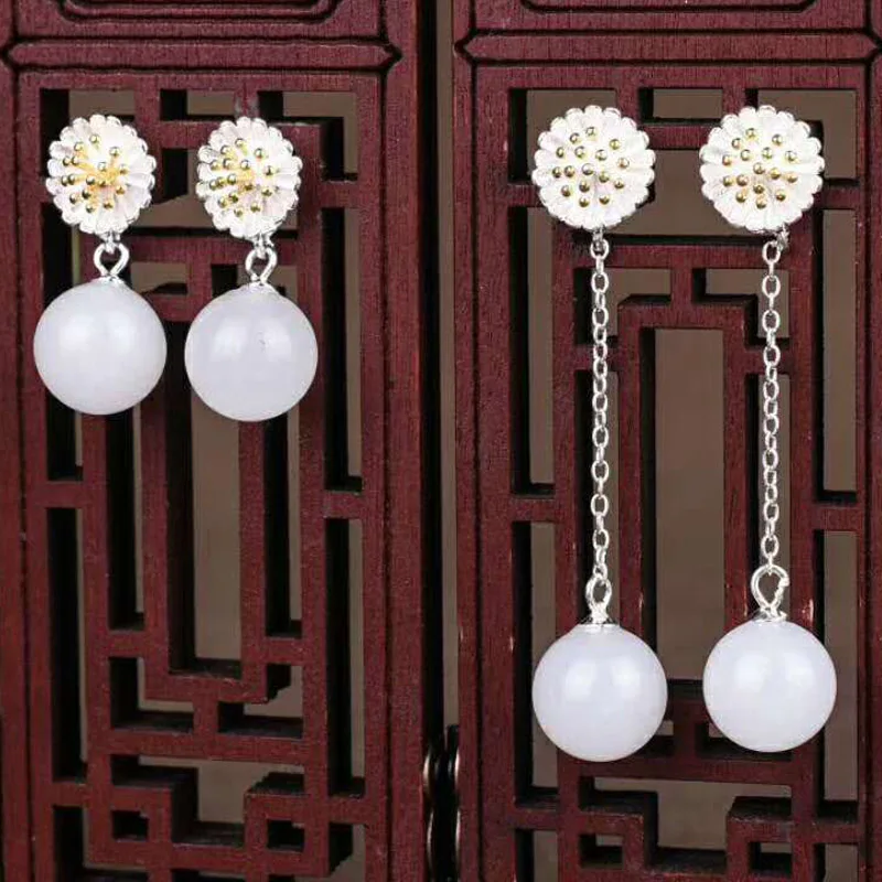 

Drop Shipping Real 925 Sterling Silver Drop Earrings Ear Pin Natural Round Jade Handmade Wedding Earrings For Women