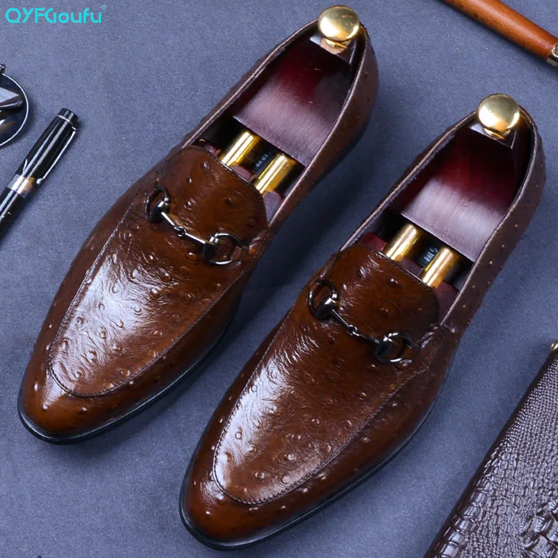 

2019 Handmade Office Business Wedding Slip On Dress Shoes Ostrich Pattern Luxury Formal Genuine Leather Men Shoes