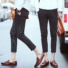 Повседневное Для мужчин хлопок плюс Размеры Брюки для девочек стилист Мотобрюки Для мужчин S полосой девятый Брюки для девочек Тонкий узкие брюки для ночных клубов облегающие брюки