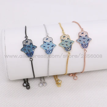 

Handcrafted Ajustable chain Bracelet 4 Pcs Micro pave Flower shape &blue eye pendant Bracelet Mix colors Gems jewelry 1555