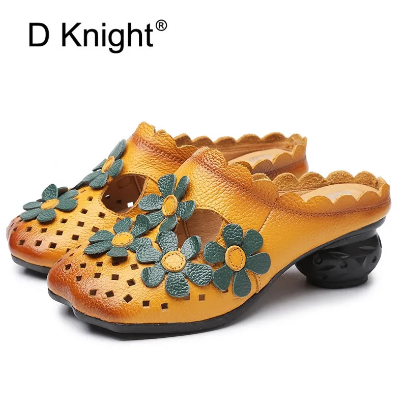 Genuine Leather Women Half Slippers Slip On Outdoor Med Heel Shoes Women Comfortable Slides Woman Driving Loafer Female Footwear (11)