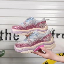 Женские кроссовки Для женщин Повседневное увеличение спортивная обувь, украшена блестками дышащая обувь для бега; женская обувь на шнуровке; обувь для прогулок SS28