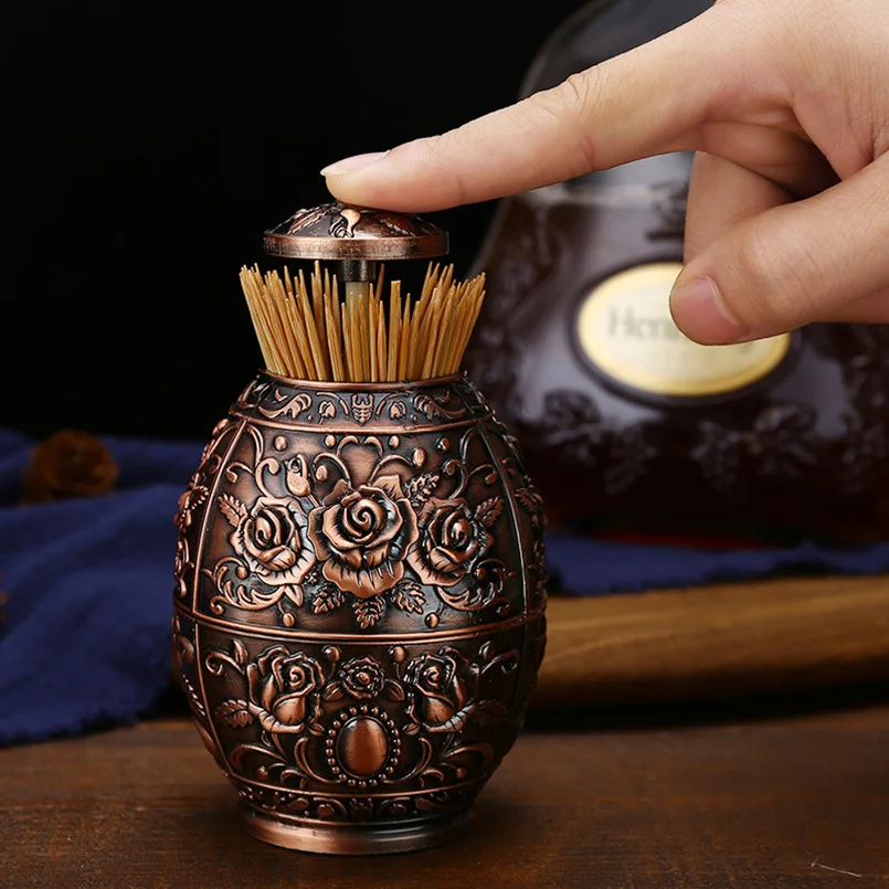 

Zinc Alloy Creative Automatic Toothpick Holder Retractable Secret Stash Retro European Style Toothpick Dispenser Box Table Decor
