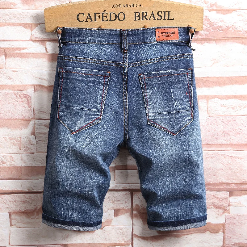 Deals 2018 Summer Europeans Style Men Patchwork Blue Denim Slim Shorts Scratched Casual Man Personal Street Fashion Jeans Short