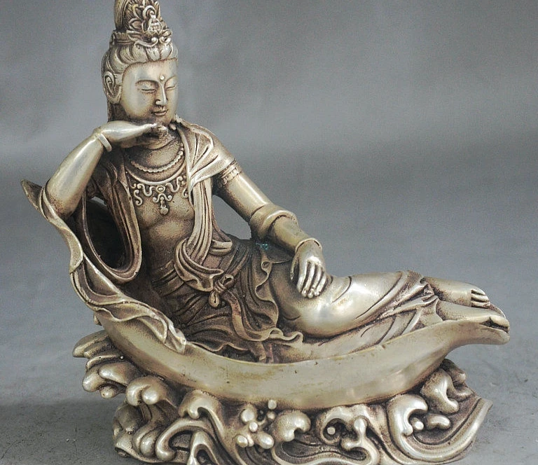 

6" Rare Tibet Buddhism Silver Sleeping Free Kwan-Yin Bodhisattva GuanYin Statue