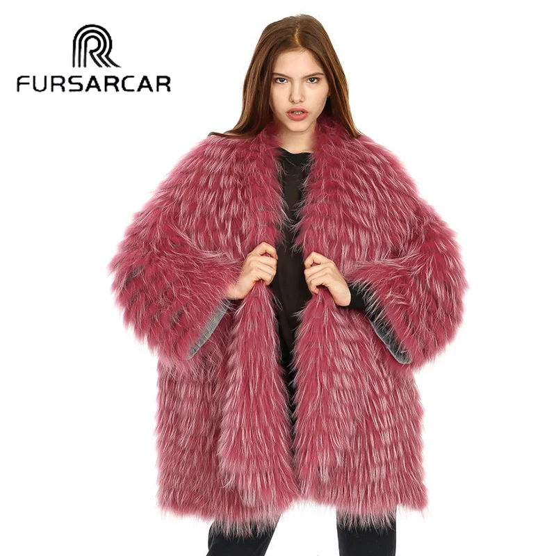 

FURSARCAR 2018 New Fashion Winter Real Fur Jacket Women Full Pelt Fur With Striped Cut Raccoon Fur Coat 80 CM Long Fur Coat