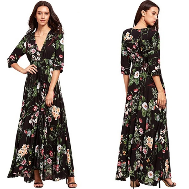 Boho Цветочный Принт Длинное платье Vestidos женское летнее Макси Сарафан сексуальный