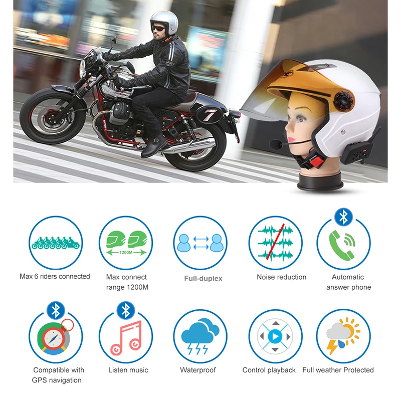 Bluetooth гарнитура Fodsports мотоциклетная с металлическим зажимом 1200 м|motorcycle helmet headset|moto