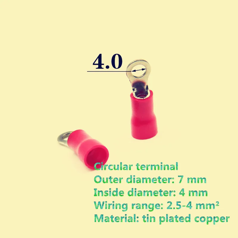 

50PCS/LOT YT608 RV3.5-4 Wire terminals Tin Plated Copper Red Wire connector 2.5-4 MM2 Cable was Applicable 4mm Aperture