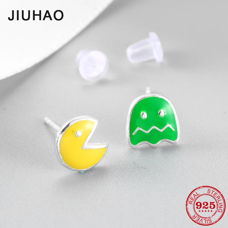 925 пробы серебряные серьги зеленый и желтый Эмаль Серебро Серьги Монстры и горох Женские аксессуары ювелирные изделия