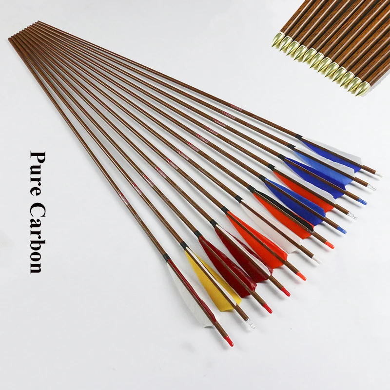 

12pcs Linkboy Archery Wood Skin Pure Carbon Arrows Spine450 Turkey Fletching for Bow Arrows Hunting and Shooting