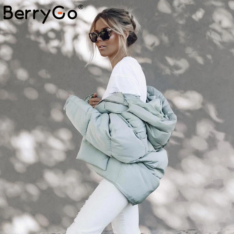 BerryGo Winter casual pocket hooded loose coat parka Women zipper padded streetwear parkas 2017 warm pink parka overcoat female