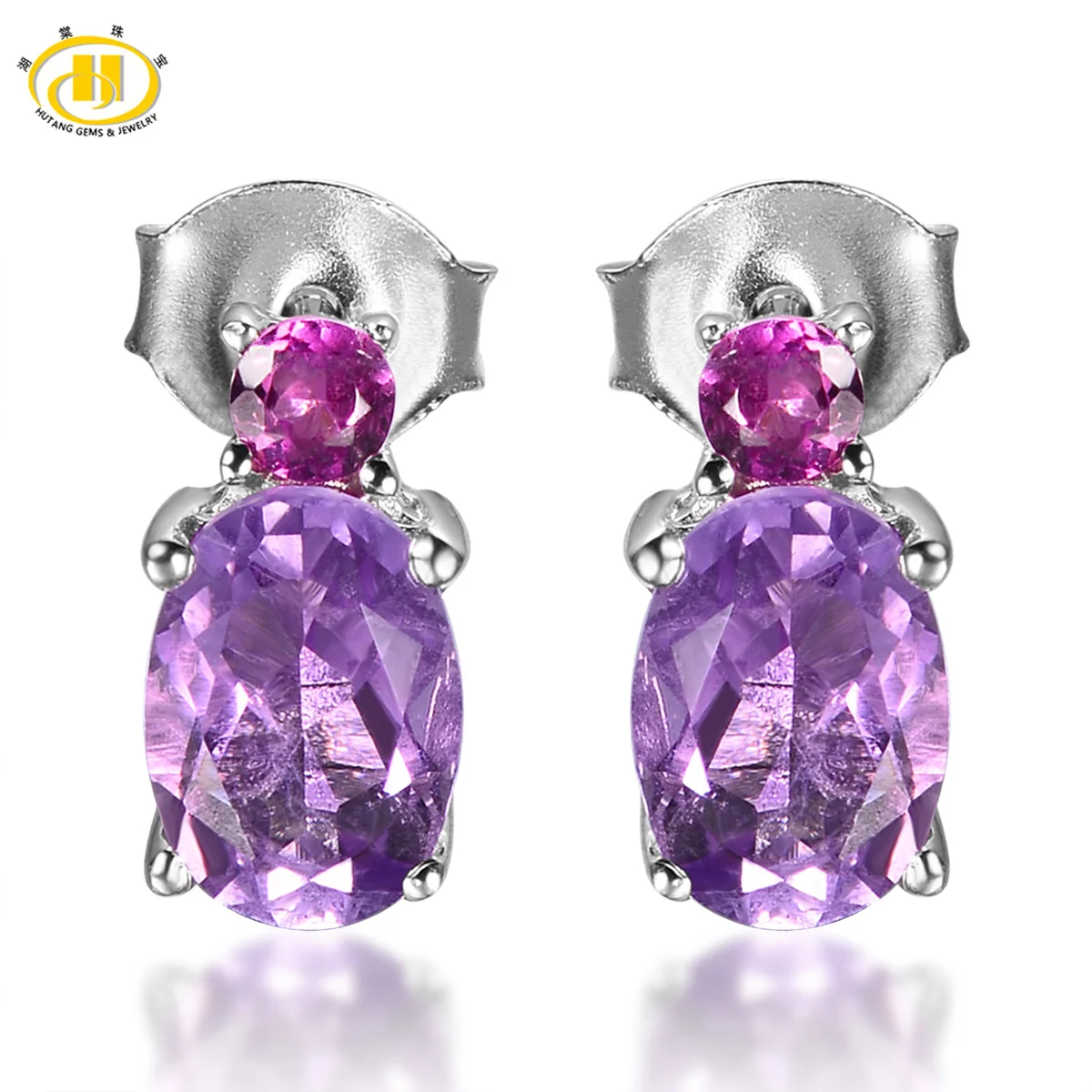 

Hutang Fine 1.68CT Natural Amethyst & Rhodolite Garnet Solid 925 Sterling Silver Stud Earrings for Women Gemstone Fine Jewelry