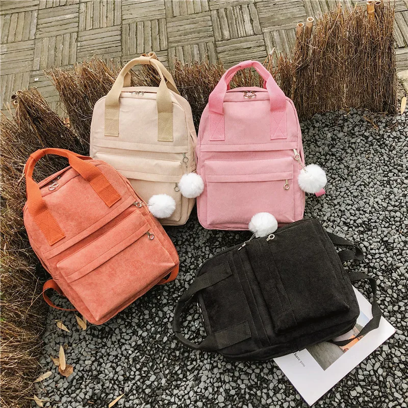 Menghuo New Backpack for Women Fur Ball Solid Color Corduroy Backpack for Girls Spring Winter Velvet Travel Bag Mochila FemininaVEMY1852