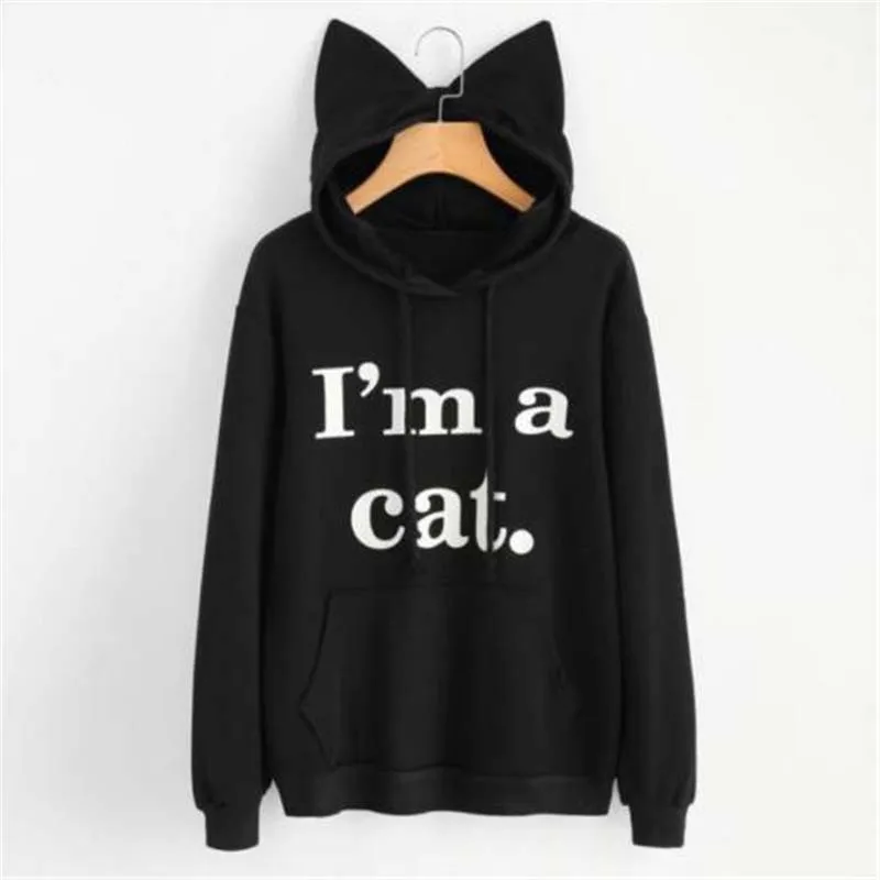 I'm a cat Letter Print Cat Ear Hoodie Regular Full Sleeve Sweet Hooded Pullover Autumn Women Girl Sweatshirt Large Size 2XL - Цвет: Черный