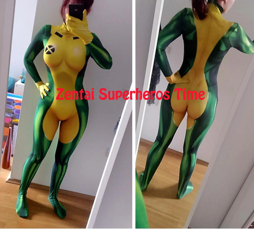 

2018 3D Printing X-Men Rogue Cosplay Costume Lycra Elastic Sexy Catsuit Xmen Superhero Halloween Zentai Bodysuit girls