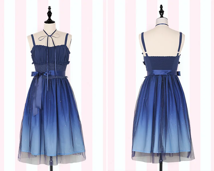 Японское модное Галактическое голубое звездное платье, женское летнее платье лолиты JSk, мягкое милое платье феи, кружевное платье принцессы из тюля на бретелях