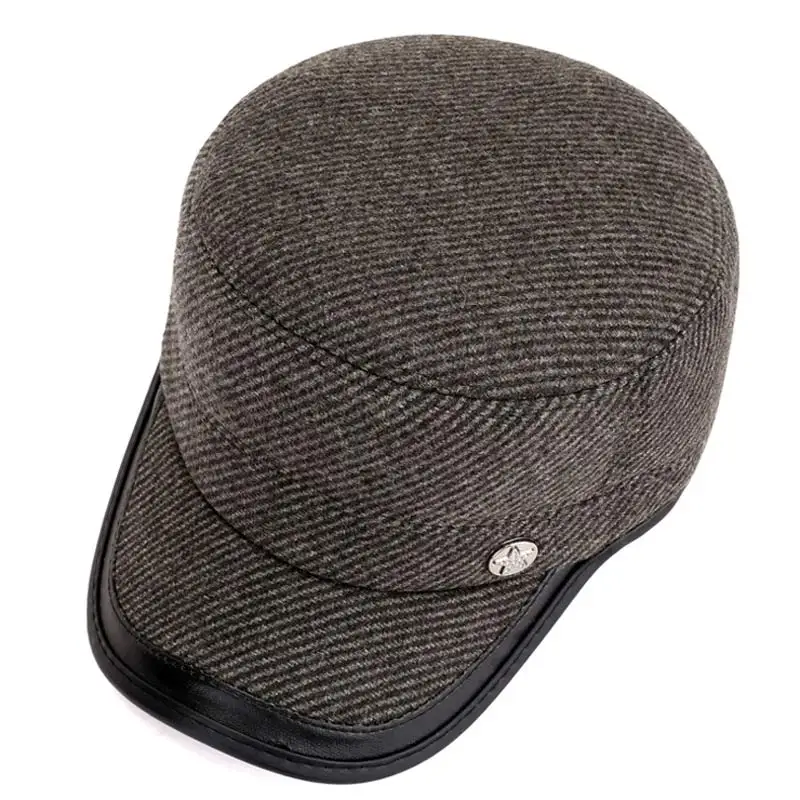 winter flat top baseball cap striped woolen dad hat men's warm windproof ear flap hat grey brown