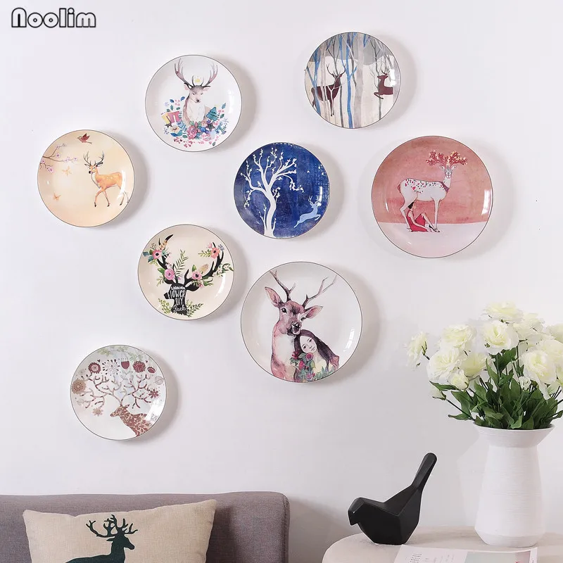 

NOOLIM Creative Elk Decorative Plate Restaurant Wall Hanging Decoration Hand Painted Deer Head Plate Living Room Wall Decoration
