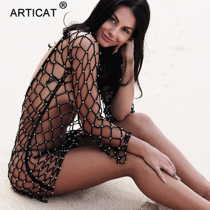 Articat Sexy Hollow Out Summer Dress Women Black Beads Crochet Backless See Through Mini Dress Casual Party Beach Dress Vestidos Articat Sexy Hollow Out Summer Dress Women Black Beads Crochet Backless See Through Mini Dress Casual Party Beach Dress Vestidos