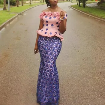 

African Woman Evening Gown Mixed Colors Lace Off Shoulder Mermaid Nigerian Evening Gowns Vestido de festa Plus Size Formal Dress