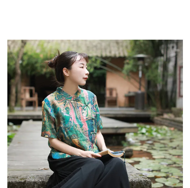 LZJN Summer Blouses Women 2019 Short Sleeve Chinese Style Women Shirts Short Buddha Printed Cheongsam Zen Tops (21)