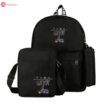 

3pcs/Set Rucksack Women Preppy Style Nylon Simple Cartoon Print Travel Shoulder Bags Backpacks Pencil Box Included Mochila