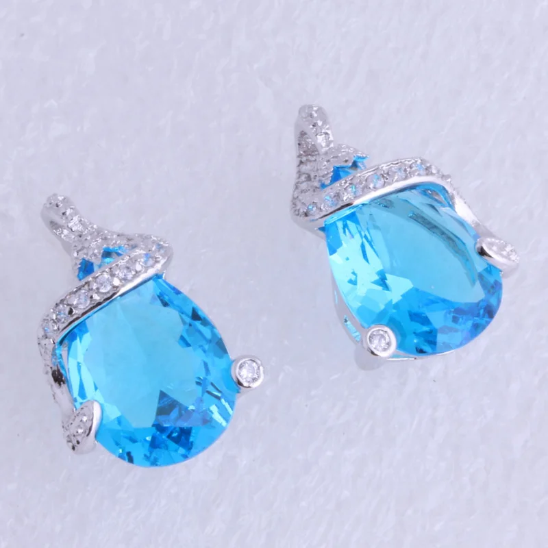 

Love Monologue Beautiful Water Drop Style Blue Sky Crystal & White Cubic Zirconia Silver Color Stud Earrings Free Gift Bag J0511