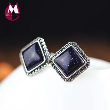 

100% 925 Sterling Silver Earrings Natural Blue Aventurine Stud Earrings Fine Handmade Women Jewelry Simple Geometry Earring SE42