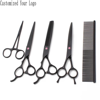 

7" Left-Hand Engraving Logo Black Grooming Scissors Straight Shears Thinning Shears Pet Scissors Dog Scissors Dropshipping C3006