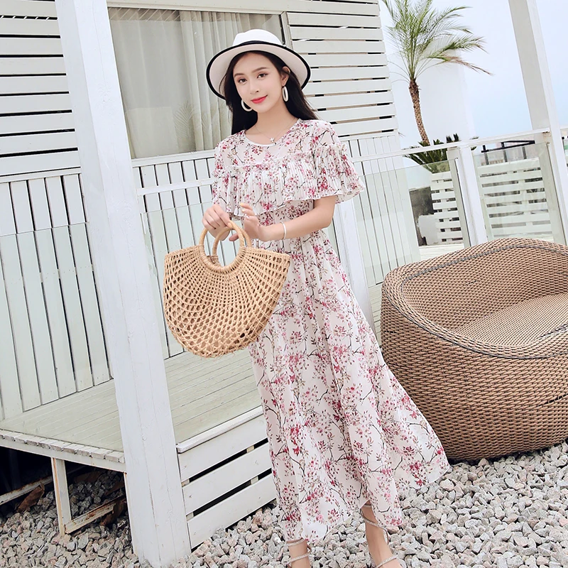 

Summer Chiffon Pink Tropical Beach Floral Dress Long Dress Bohemian Casual Loose O-Neck Lace Short Sleeve Holiday Dress Vestidos